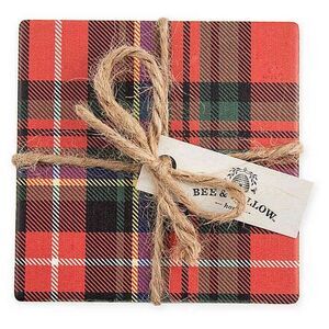 Bee & Willow Tartan Plaid Beverage Coasters Red Set of 4 Cork Bottom Christmas
